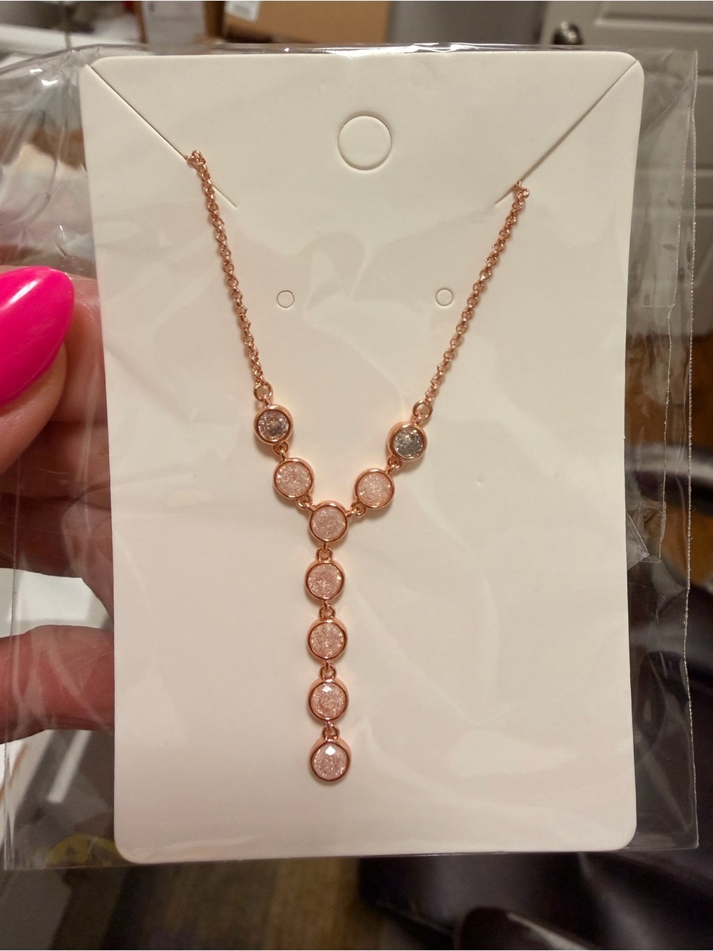 Bomb Party! Rose Gold Crystal Y-Drop Necklace with Sparkling Discs